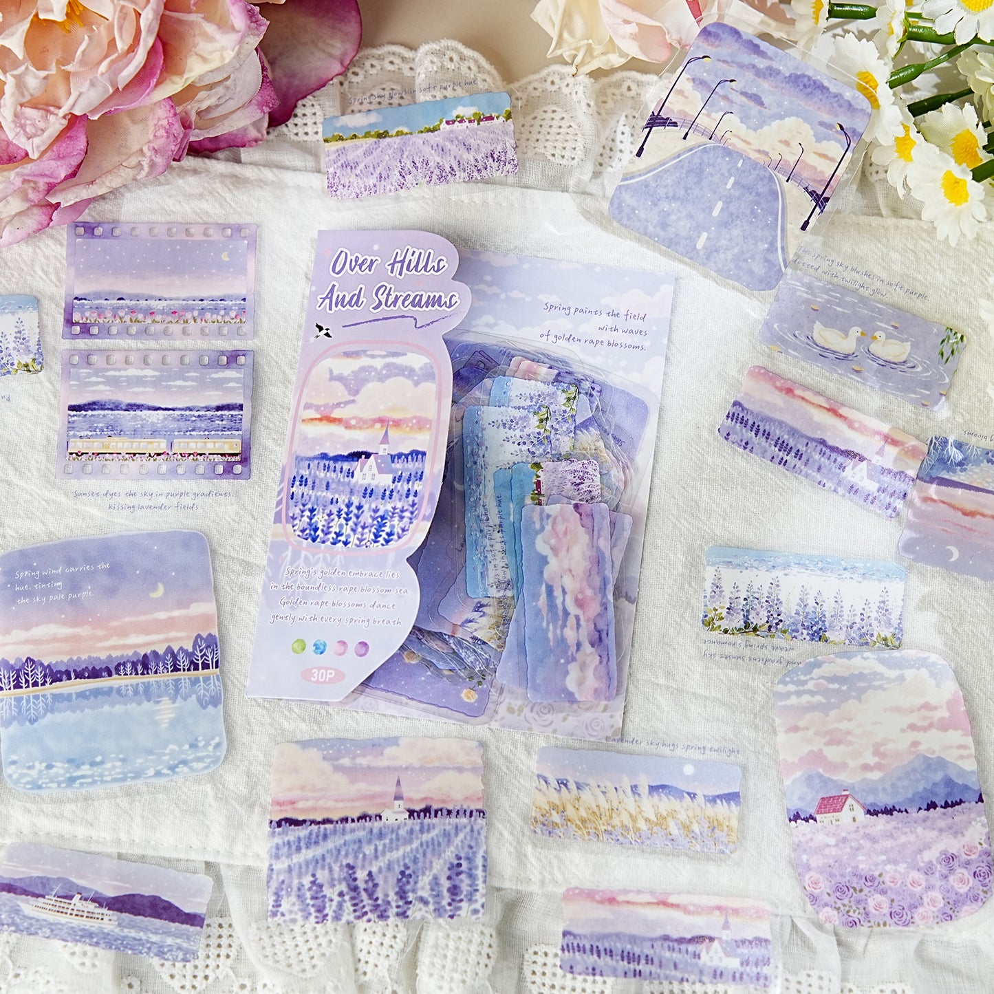 Etori Life 30PCs Purple Lavender Landscape Hand Ledger Sticker Dream Healing Series DIY Decorative Stickers Suitable for Laptop, Luggage, Water Bottle, Guitar, Photo Album, Handmade Scrapbooking Supplies, Room Decoration, Office Decoration Accessories