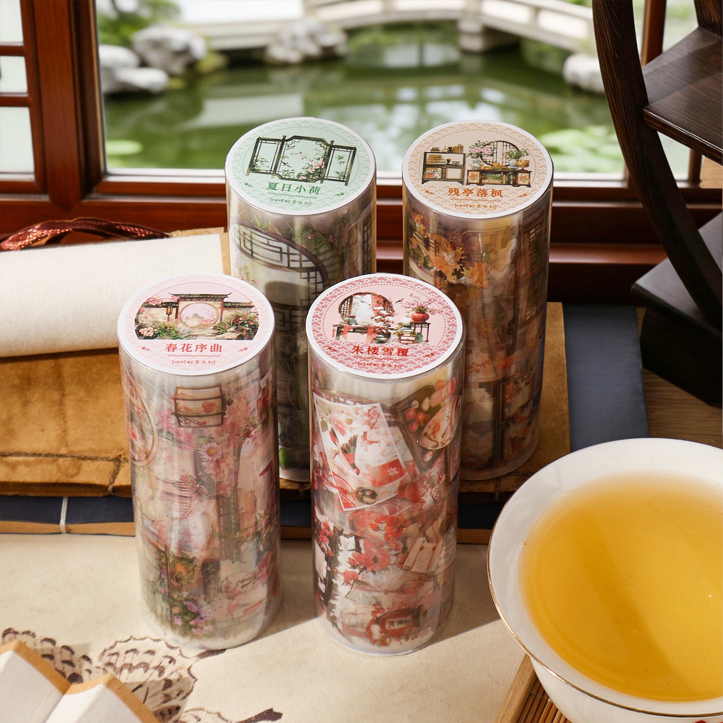 Etori Life 10cm * 2M Four-Hour Good Scenery Combination Ancient Style Window Cover Floral Tape Gentle Four Seasons Courtyard Journal Decorative Stickers for Children Paper Gift Bag, Laptop, Mobile Phone Stickers, Room Decoration