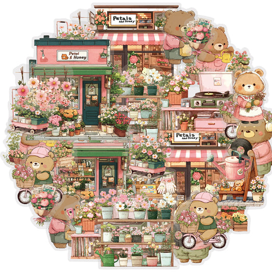 Etori Life 15PCs Cute Bear Matching Flower Small Shop City Building Pattern Pet Stickers Suitable for Laptop, Guitar, Diary, Helmet, Bicycle, Handmade Scrapbooking Supplies, Birthday and Holiday Gift, DIY Making, Office Decoration Accessories