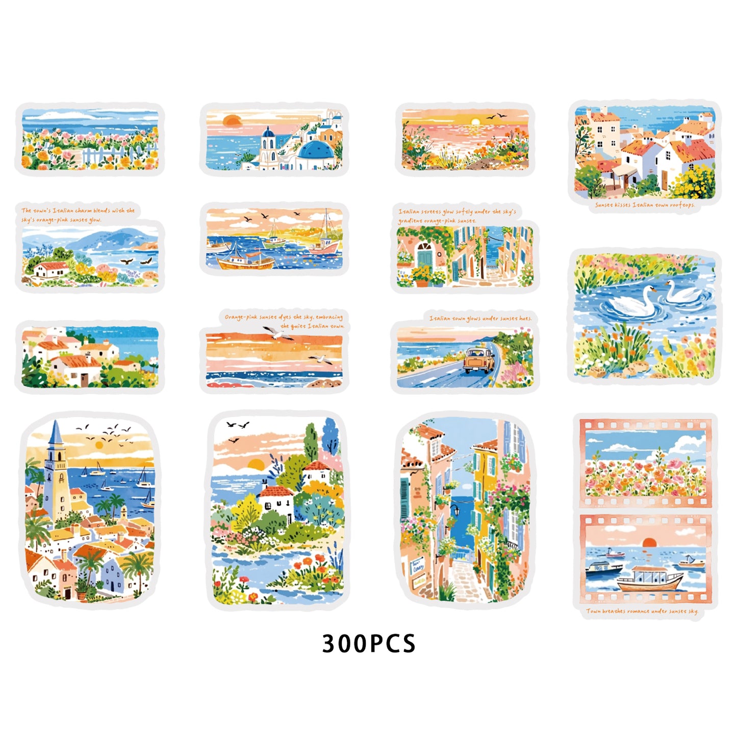 Etori Life Fresh Seaside Travel Stickers 30PCs Town Scenery Notebook Collage Landscaping Material Suitable for Luggage, Laptop, Guitar, Skateboard, Refrigerator, Room Decoration, Handmade Scrapbooking Supplies, DIY Production, Office Decoration
