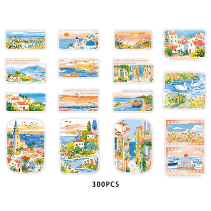 Etori Life Fresh Seaside Travel Stickers 30PCs Town Scenery Notebook Collage Landscaping Material Suitable for Luggage, Laptop, Guitar, Skateboard, Refrigerator, Room Decoration, Handmade Scrapbooking Supplies, DIY Production, Office Decoration