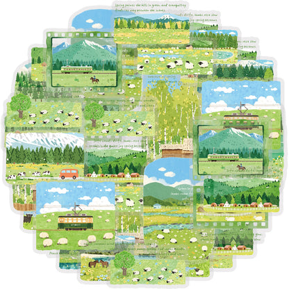 Etori Life 30PCs Fresh Grassland Scenery Hand Ledger Sticker Pastoral Pasture Decorative Stickers Suitable for Laptop, Luggage, Water Bottle, Guitar, Office Decoration Accessories, Handmade Scrapbooking Supplies, DIY Making, Envelope and Paper Gift Bag