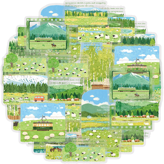 Etori Life 30PCs Fresh Grassland Scenery Hand Ledger Sticker Pastoral Pasture Decorative Stickers Suitable for Laptop, Luggage, Water Bottle, Guitar, Office Decoration Accessories, Handmade Scrapbooking Supplies, DIY Making, Envelope and Paper Gift Bag