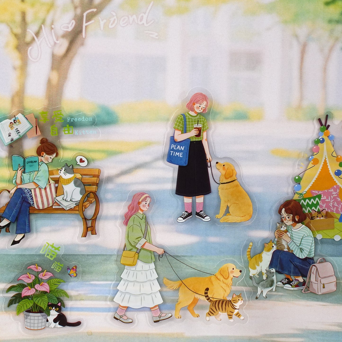 Etori Life 15PCs Outdoor Walking Pet Sofa Suction MiiOW Object Sticker Album Journal Book Stationery Decoration Accessories Suitable for Laptop, Mobile Phone Back, Handbag, Album, Diary, Pencil Box, Pen Holder, Family Plan Thin, Notepad
