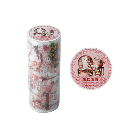 Etori Life New Chinese Ancient Style Journal Tape Zhu Lou Snow Covered New Year Atmosphere Decoration and Paper Adhesive Tape 1 Roll 2 M Suitable for Handmade Scrapbooking Supplies, Laptop, Luggage, Guitar, Bicycle, Window Decoration, Decorative Stickers