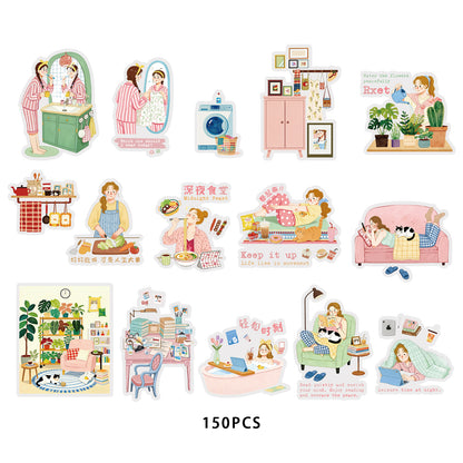Etori Life 15PCs Living Alone Girls Home Daily Pet Paster Stay at Home Cooking Cat Petting Notebook Goo Card Collage Material Laptop, Handbag, Diary, Pencil Box, Pen Holder, Family Plan Book, Notepad, Postcard and Envelope, Helmet, Bicycle