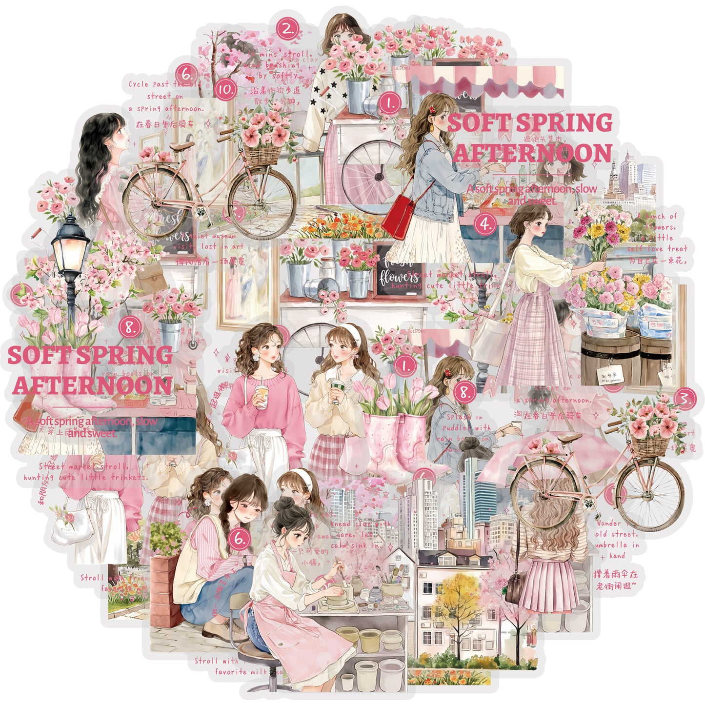 Etori Life 15PCs Korean Spring Cherry Blossom Stickers City Landscape Notebook Collage Material Luggage Skateboard Decoration Literary Aesthetics Suitable for DIY Diary, Laptop, Photo Album, Guitar, Skateboard, Water Bottle, Room Decoration