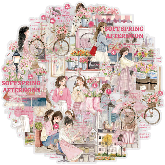 Etori Life 15PCs Korean Spring Cherry Blossom Stickers City Landscape Notebook Collage Material Luggage Skateboard Decoration Literary Aesthetics Suitable for DIY Diary, Laptop, Photo Album, Guitar, Skateboard, Water Bottle, Room Decoration