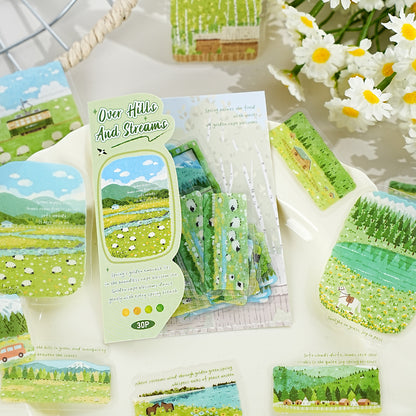 Etori Life 30PCs Fresh Grassland Scenery Hand Ledger Sticker Pastoral Pasture Decorative Stickers Suitable for Laptop, Luggage, Water Bottle, Guitar, Office Decoration Accessories, Handmade Scrapbooking Supplies, DIY Making, Envelope and Paper Gift Bag