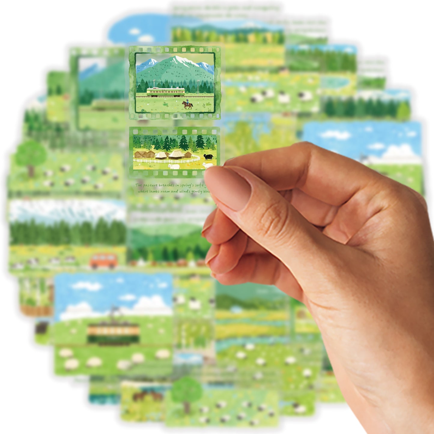 Etori Life 30PCs Fresh Grassland Scenery Hand Ledger Sticker Pastoral Pasture Decorative Stickers Suitable for Laptop, Luggage, Water Bottle, Guitar, Office Decoration Accessories, Handmade Scrapbooking Supplies, DIY Making, Envelope and Paper Gift Bag