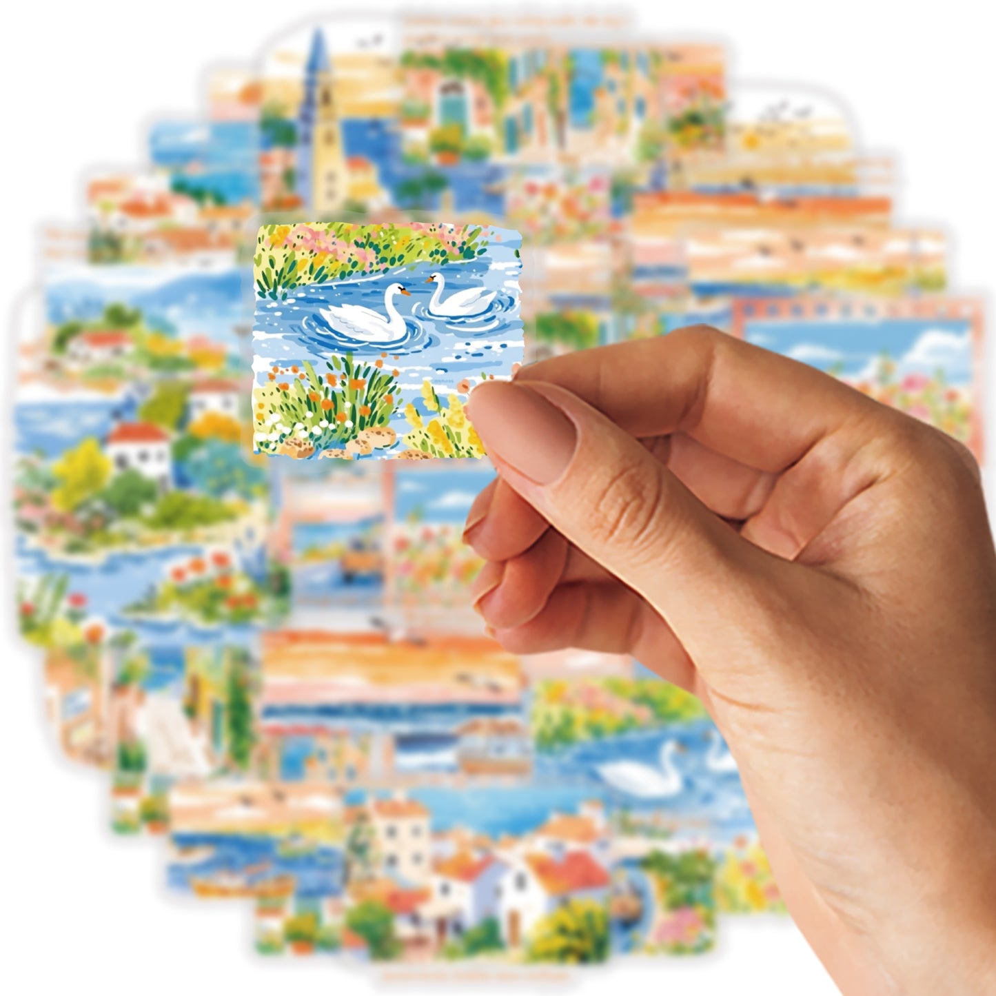 Etori Life Fresh Seaside Travel Stickers 30PCs Town Scenery Notebook Collage Landscaping Material Suitable for Luggage, Laptop, Guitar, Skateboard, Refrigerator, Room Decoration, Handmade Scrapbooking Supplies, DIY Production, Office Decoration
