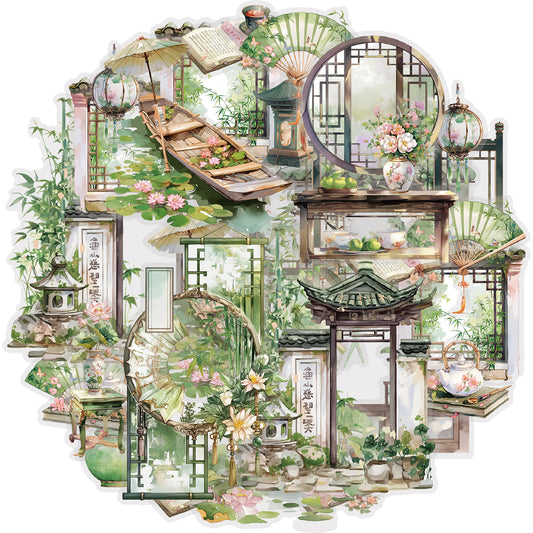 Etori Life National Style Summer Xiaohe and Paper Adhesive Tape New Chinese Lotus Bamboo Notebook Landscaping Material 1 Roll 2 M Suitable for Art Paper Gift Bag, Laptop, Guitar, Photo Album, Luggage, Room Decoration, Handmade Scrapbooking Supplies