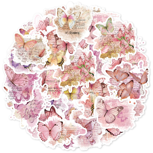 Etori Life Pink Watercolor Butterfly Stickers 30PCs Vintage Ins Style Butterfly Sticker Decoration Journal Material Suitable for Laptop, Water Bottle, Luggage, Guitar, Photo Album, Handmade Scrapbooking Supplies, DIY Making, Office Decoration Accessories