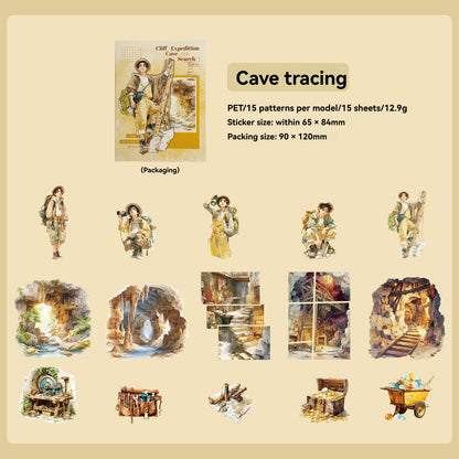Etori Life 15PCs Adventure Journey Series Retro Mountain Stream Adventure Figures Pattern Pet Sticker Pack for Laptop, Mobile Phone Sticker, Photo Album, Luggage, Room Decoration, Paper Gift Bag, Scrapbook Supplies, Thin Seal, Outdoor Travel