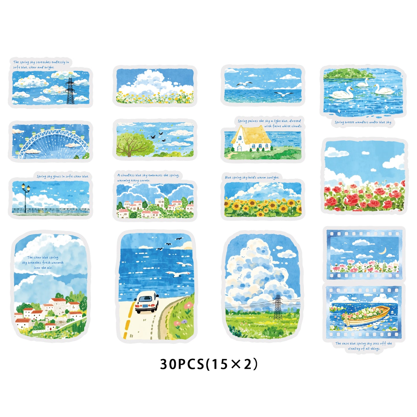 Etori Life Healing Department Spring Scenery Hand Ledger Sticker 30PCs Fresh Blue Sky Flower Sea Decorative Sticker Notebook Collage Landscaping Material Suitable for Laptop, Luggage, Skateboard, Water Bottle, Guitar, Photo Album, DIY Production