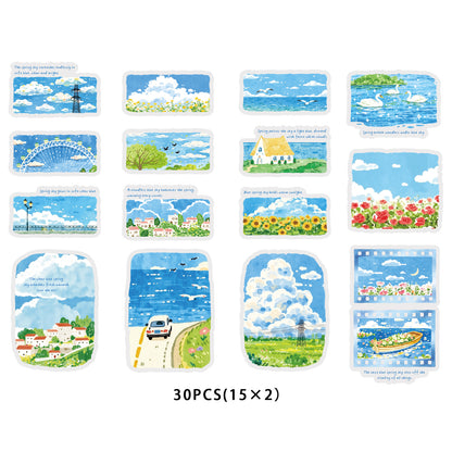 Etori Life Healing Department Spring Scenery Hand Ledger Sticker 30PCs Fresh Blue Sky Flower Sea Decorative Sticker Notebook Collage Landscaping Material Suitable for Laptop, Luggage, Skateboard, Water Bottle, Guitar, Photo Album, DIY Production