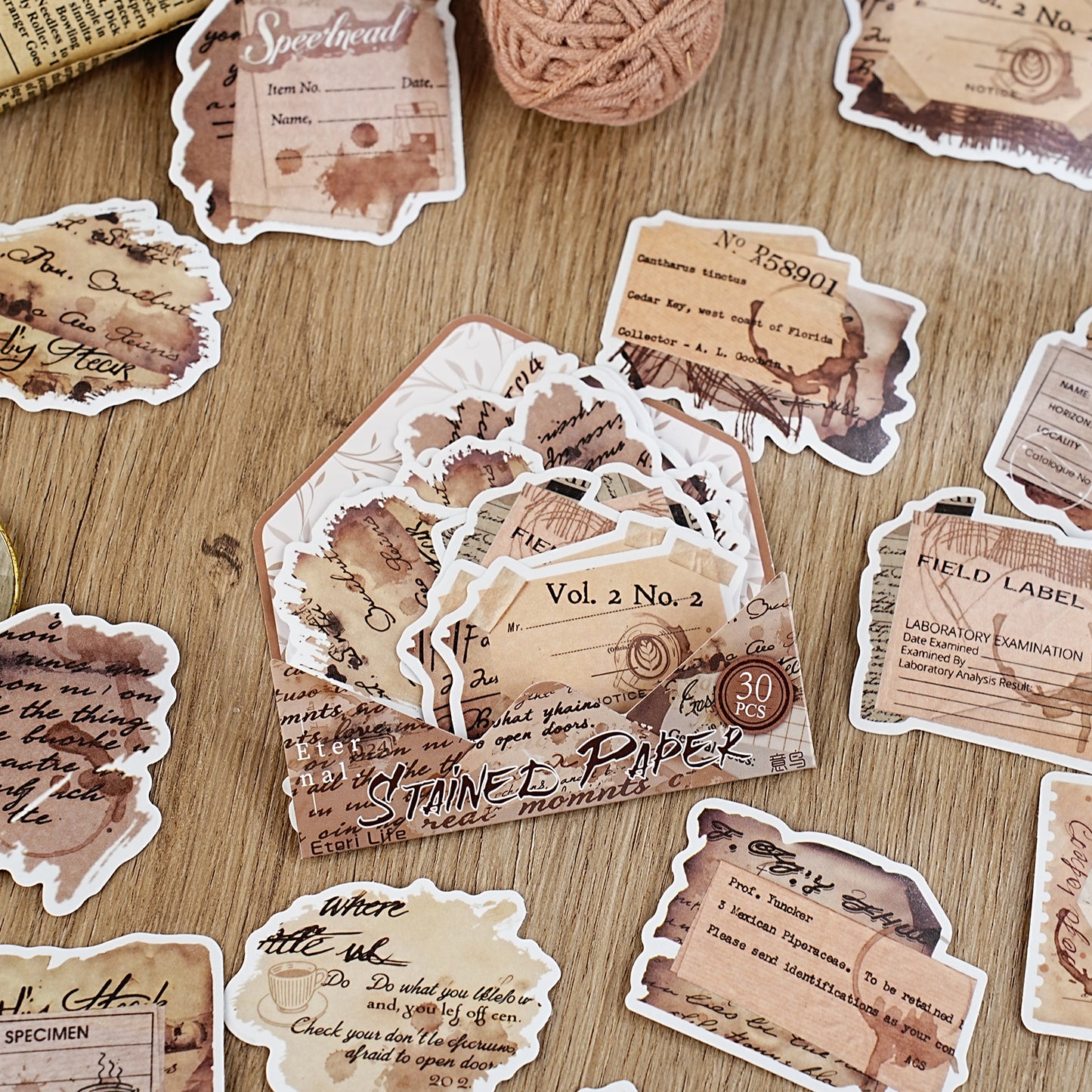 Etori Life Retro Distressed Coffee Stain English Old Paper Stickers 30PCs Retro Bill Text Journal Decoration Stickers Suitable for Handmade Scrapbooking Supplies, Laptops, Luggage, Guitars, Photo Albums, Bicycles, Office Decoration Accessories