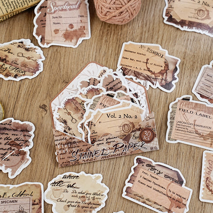 Etori Life Retro Distressed Coffee Stain English Old Paper Stickers 30PCs Retro Bill Text Journal Decoration Stickers Suitable for Handmade Scrapbooking Supplies, Laptops, Luggage, Guitars, Photo Albums, Bicycles, Office Decoration Accessories