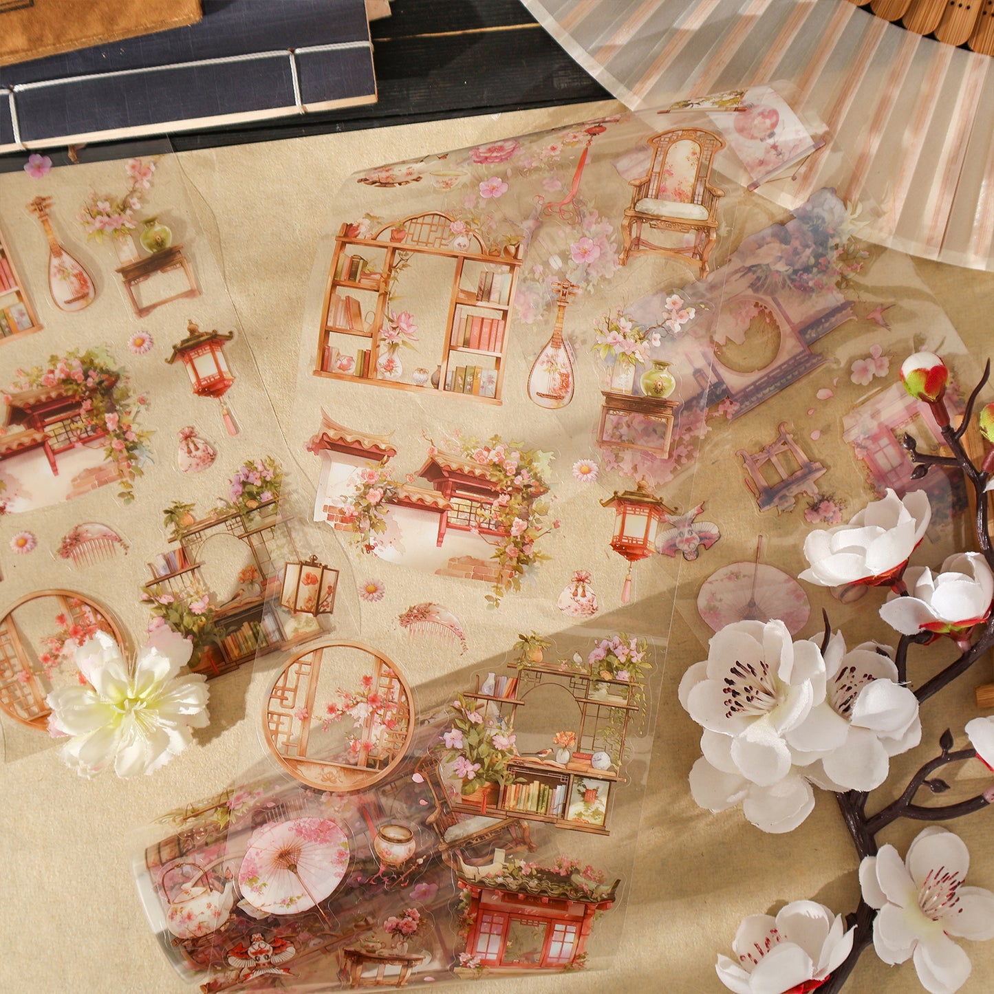 Etori Life Antique Landscape and Paper Adhesive Tape Spring Flower Overture New Chinese Flower Notebook Collage 1 Roll 2 M Suitable for Laptop, Luggage, Photo Album, Guitar, Water Bottle, Handmade Scrapbooking Supplies, Office Decoration Accessories