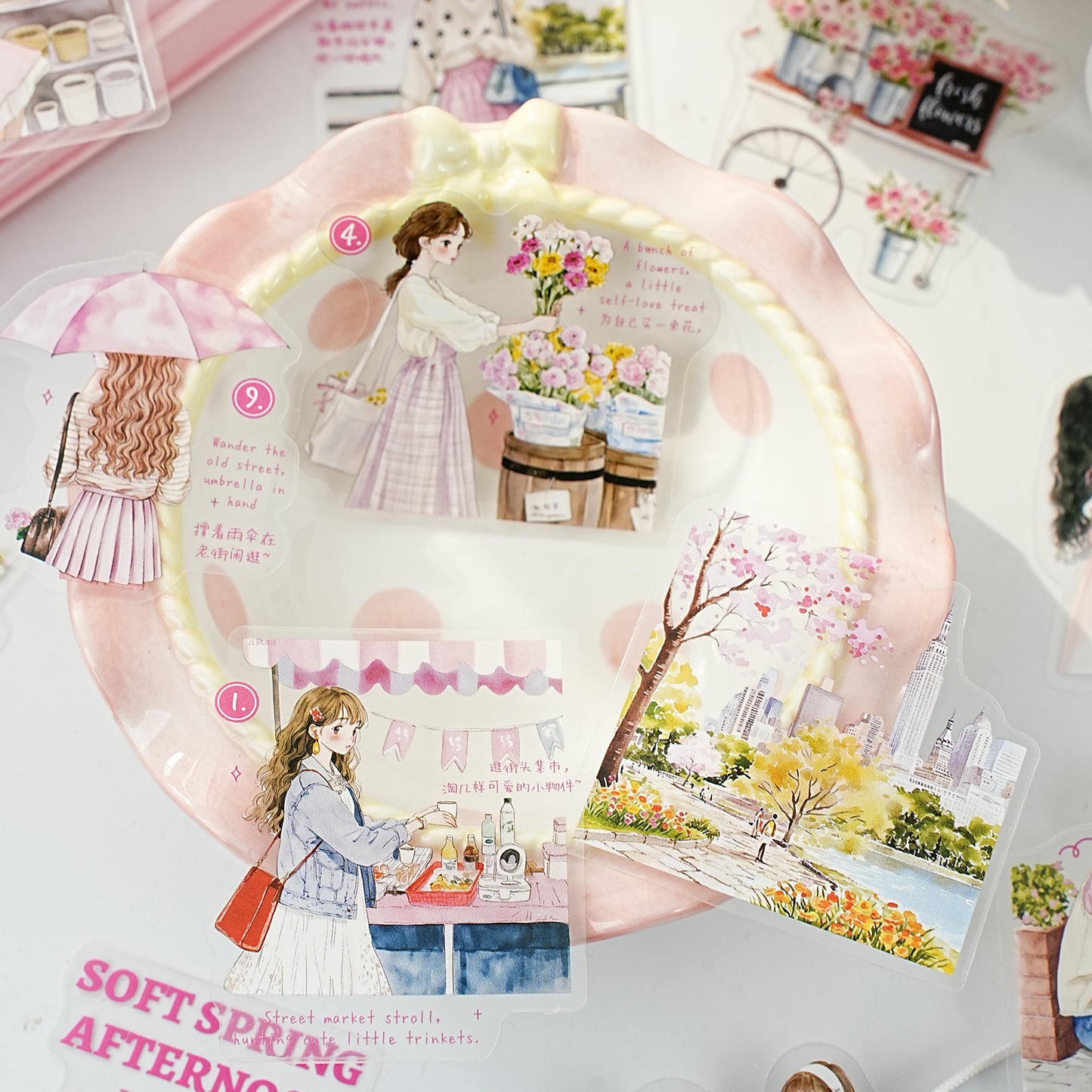 Etori Life 15PCs Korean Spring Cherry Blossom Stickers City Landscape Notebook Collage Material Luggage Skateboard Decoration Literary Aesthetics Suitable for DIY Diary, Laptop, Photo Album, Guitar, Skateboard, Water Bottle, Room Decoration
