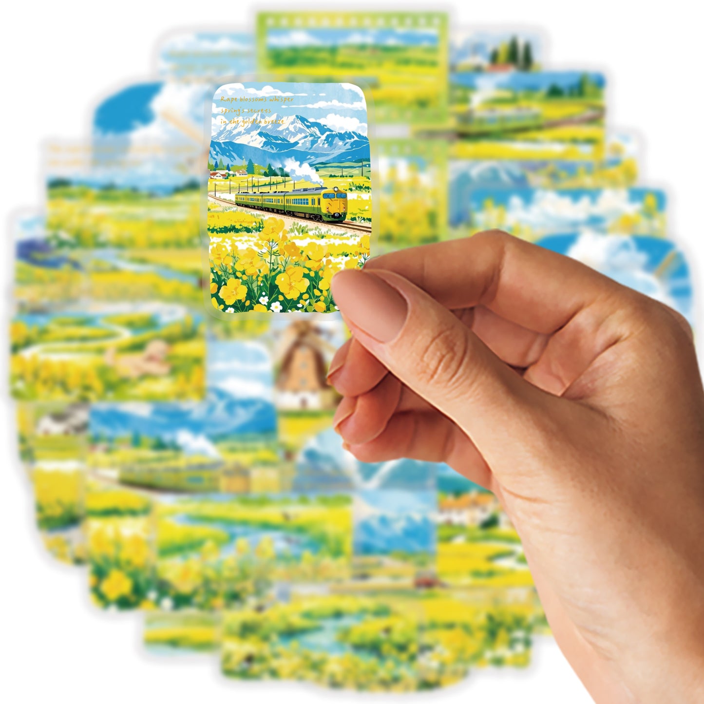 Etori Life 30PCs Spring Rape Flower Pastoral Stickers Landscape Notebook Collage Landscaping Material Suitable for DIY Production, Laptop, Skateboard, Luggage, Guitar, Photo Album, Handmade Scrapbooking Supplies, Room Decoration, Birthday and Holiday