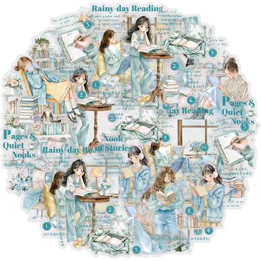 Etori Life 15PCs Quiet Reading Corner Stickers Fresh Literary Character Journal Decorative Source Material Suitable for DIY Diary, Laptop, Luggage, Water Bottle, Photo Album, Refrigerator, Guitar, Office Decoration Accessories, Handmade Scrapbooking