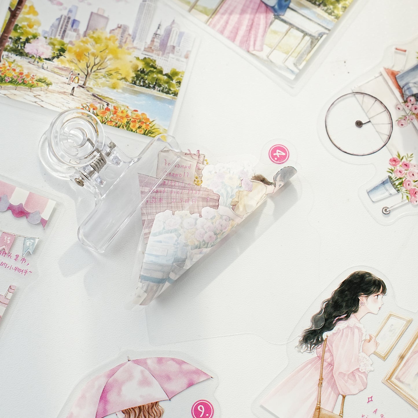 Etori Life 15PCs Korean Spring Cherry Blossom Stickers City Landscape Notebook Collage Material Luggage Skateboard Decoration Literary Aesthetics Suitable for DIY Diary, Laptop, Photo Album, Guitar, Skateboard, Water Bottle, Room Decoration