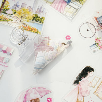 Etori Life 15PCs Korean Spring Cherry Blossom Stickers City Landscape Notebook Collage Material Luggage Skateboard Decoration Literary Aesthetics Suitable for DIY Diary, Laptop, Photo Album, Guitar, Skateboard, Water Bottle, Room Decoration