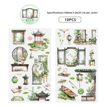 Etori Life National Style Summer Xiaohe and Paper Adhesive Tape New Chinese Lotus Bamboo Notebook Landscaping Material 1 Roll 2 M Suitable for Art Paper Gift Bag, Laptop, Guitar, Photo Album, Luggage, Room Decoration, Handmade Scrapbooking Supplies