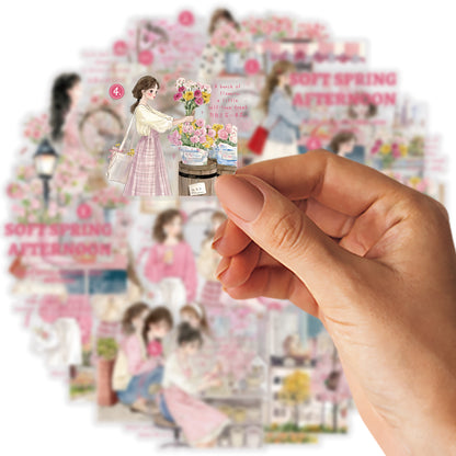 Etori Life 15PCs Korean Spring Cherry Blossom Stickers City Landscape Notebook Collage Material Luggage Skateboard Decoration Literary Aesthetics Suitable for DIY Diary, Laptop, Photo Album, Guitar, Skateboard, Water Bottle, Room Decoration