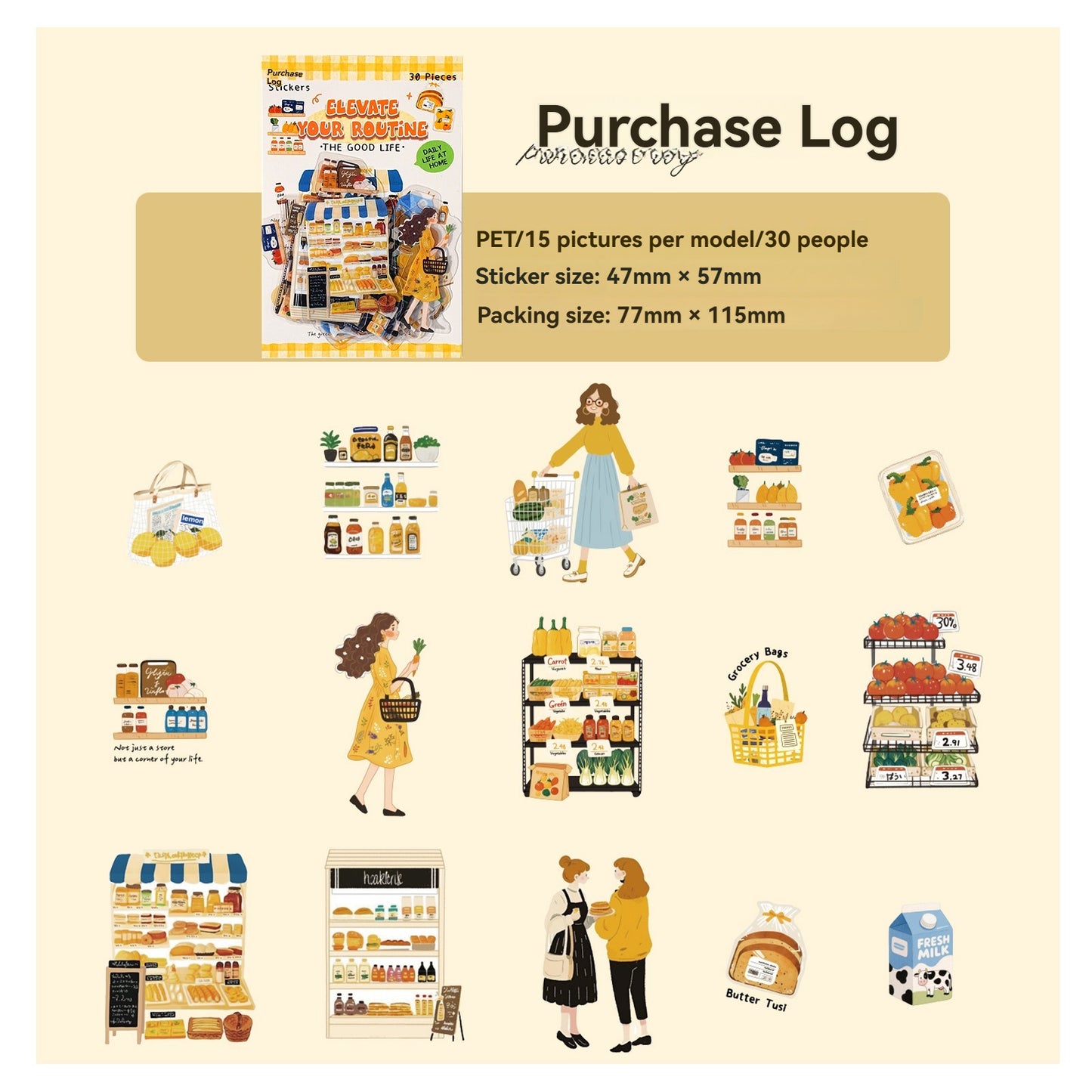 Etori Life Light Up Daily Set 30pcs Korean Ins Style Casual Characters Matching Life Objects DIY Laptop Collage Decorative Stickers, Mobile Phone Stickers, Bags, Office Decoration Accessories, Birthday Gifts, Children's Stickers, Waterproof Stickers