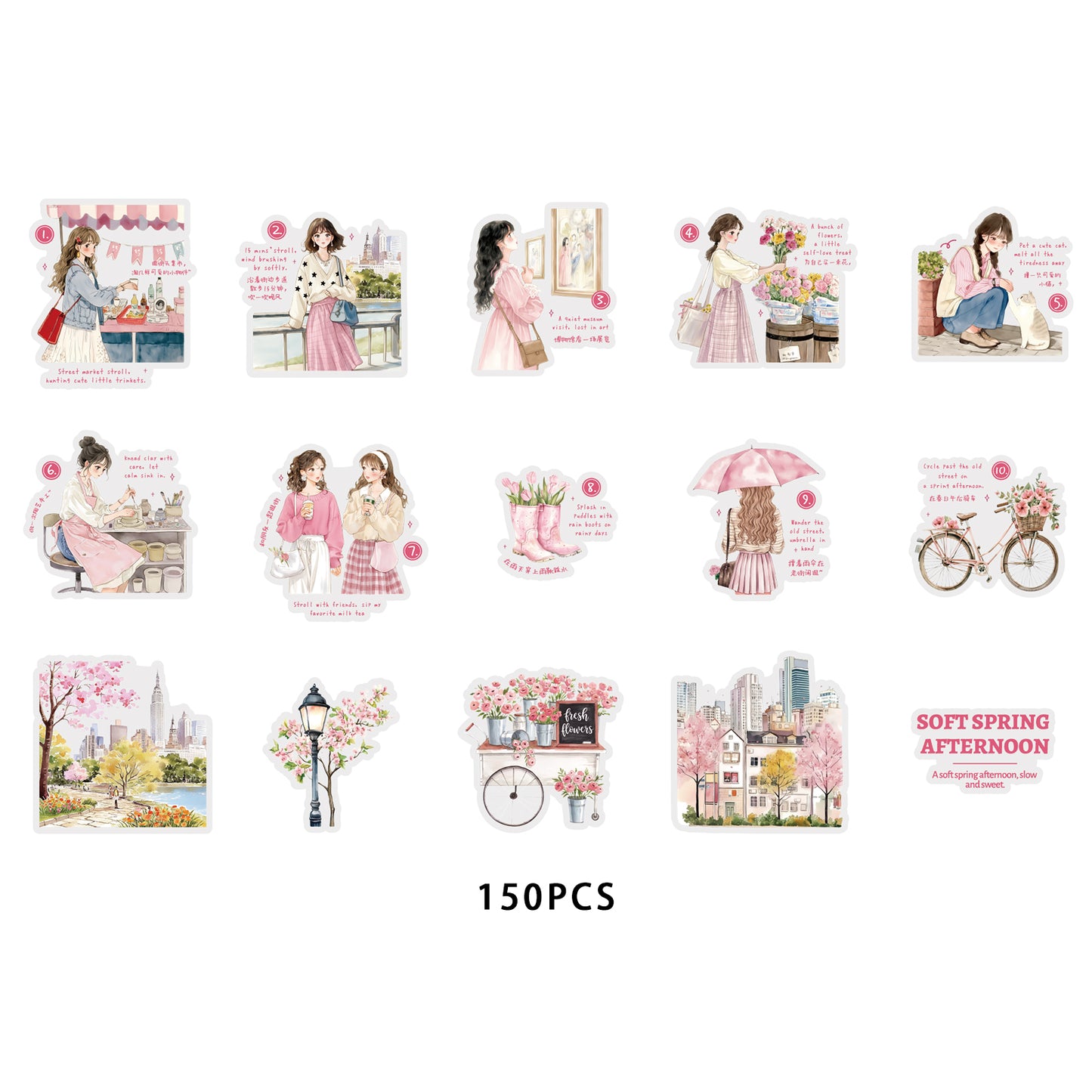 Etori Life 15PCs Korean Spring Cherry Blossom Stickers City Landscape Notebook Collage Material Luggage Skateboard Decoration Literary Aesthetics Suitable for DIY Diary, Laptop, Photo Album, Guitar, Skateboard, Water Bottle, Room Decoration
