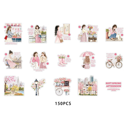 Etori Life 15PCs Korean Spring Cherry Blossom Stickers City Landscape Notebook Collage Material Luggage Skateboard Decoration Literary Aesthetics Suitable for DIY Diary, Laptop, Photo Album, Guitar, Skateboard, Water Bottle, Room Decoration