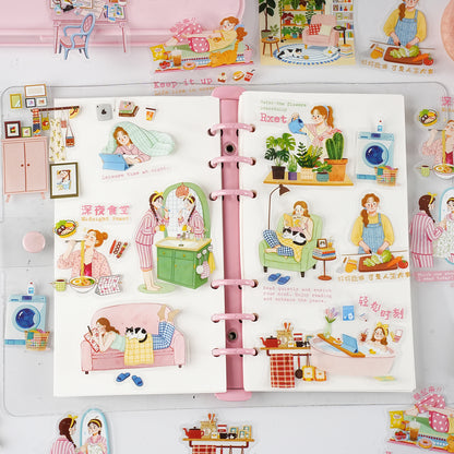 Etori Life 15PCs Living Alone Girls Home Daily Pet Paster Stay at Home Cooking Cat Petting Notebook Goo Card Collage Material Laptop, Handbag, Diary, Pencil Box, Pen Holder, Family Plan Book, Notepad, Postcard and Envelope, Helmet, Bicycle
