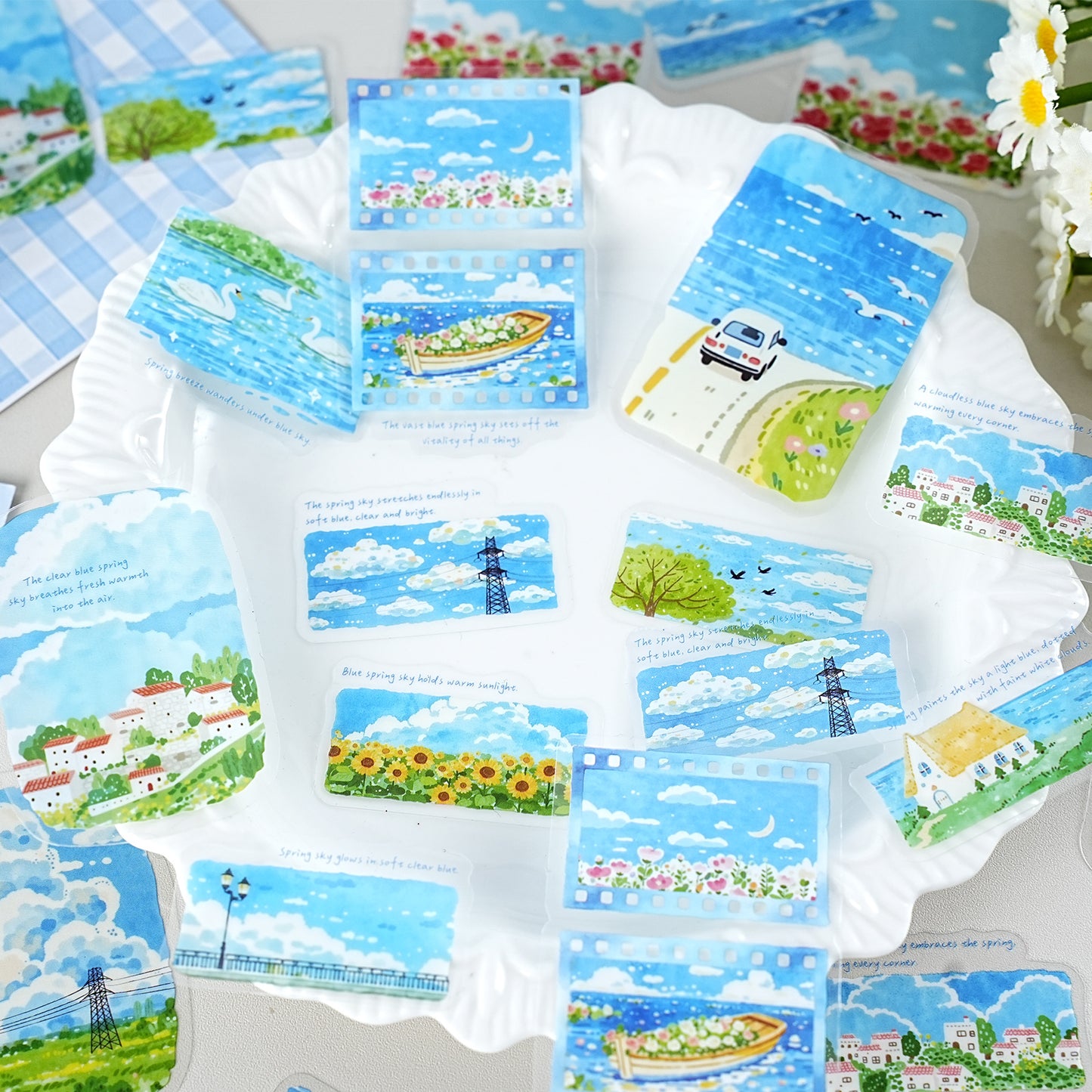 Etori Life Healing Department Spring Scenery Hand Ledger Sticker 30PCs Fresh Blue Sky Flower Sea Decorative Sticker Notebook Collage Landscaping Material Suitable for Laptop, Luggage, Skateboard, Water Bottle, Guitar, Photo Album, DIY Production