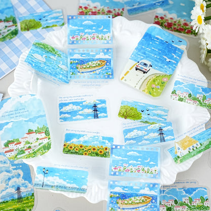 Etori Life Healing Department Spring Scenery Hand Ledger Sticker 30PCs Fresh Blue Sky Flower Sea Decorative Sticker Notebook Collage Landscaping Material Suitable for Laptop, Luggage, Skateboard, Water Bottle, Guitar, Photo Album, DIY Production