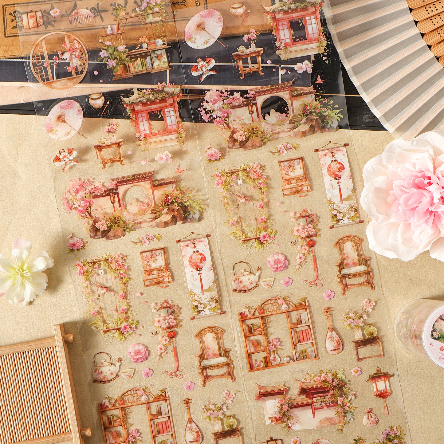 Etori Life Antique Landscape and Paper Adhesive Tape Spring Flower Overture New Chinese Flower Notebook Collage 1 Roll 2 M Suitable for Laptop, Luggage, Photo Album, Guitar, Water Bottle, Handmade Scrapbooking Supplies, Office Decoration Accessories