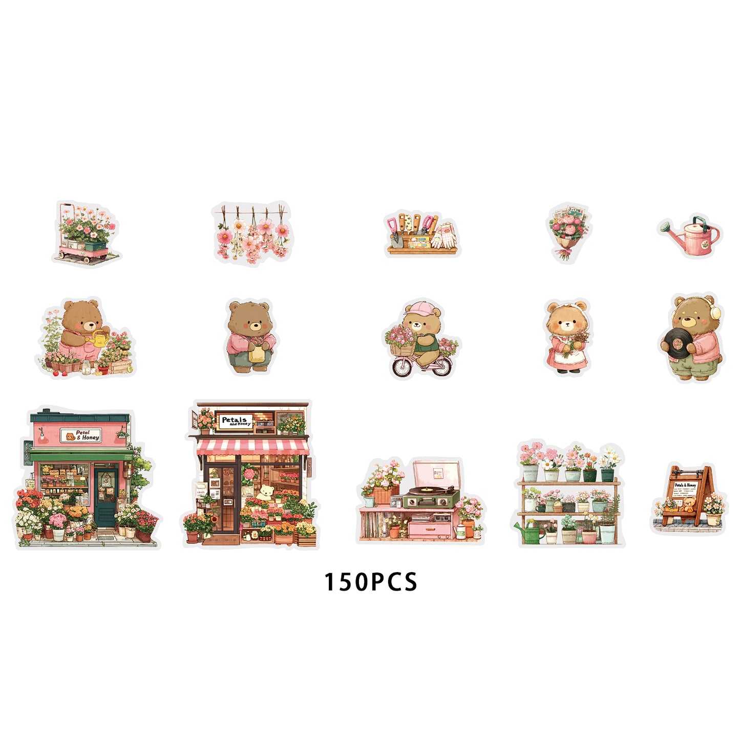 Etori Life 15PCs Cute Bear Matching Flower Small Shop City Building Pattern Pet Stickers Suitable for Laptop, Guitar, Diary, Helmet, Bicycle, Handmade Scrapbooking Supplies, Birthday and Holiday Gift, DIY Making, Office Decoration Accessories