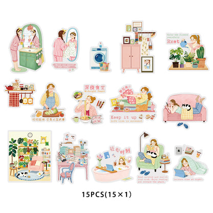 Etori Life 15PCs Living Alone Girls Home Daily Pet Paster Stay at Home Cooking Cat Petting Notebook Goo Card Collage Material Laptop, Handbag, Diary, Pencil Box, Pen Holder, Family Plan Book, Notepad, Postcard and Envelope, Helmet, Bicycle