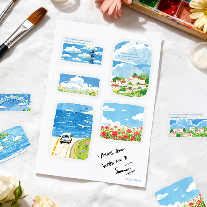 Etori Life Healing Department Spring Scenery Hand Ledger Sticker 30PCs Fresh Blue Sky Flower Sea Decorative Sticker Notebook Collage Landscaping Material Suitable for Laptop, Luggage, Skateboard, Water Bottle, Guitar, Photo Album, DIY Production