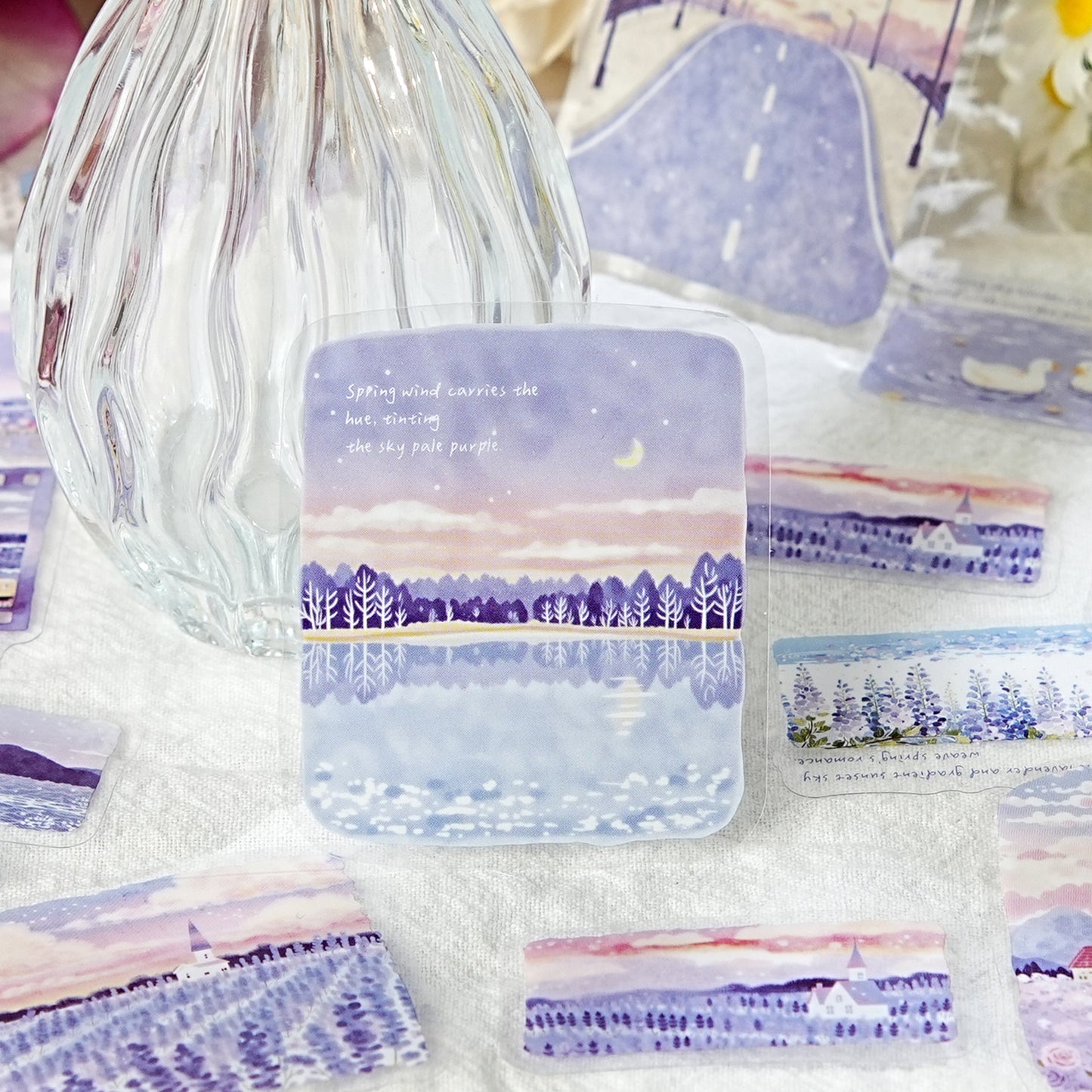 Etori Life 30PCs Purple Lavender Landscape Hand Ledger Sticker Dream Healing Series DIY Decorative Stickers Suitable for Laptop, Luggage, Water Bottle, Guitar, Photo Album, Handmade Scrapbooking Supplies, Room Decoration, Office Decoration Accessories