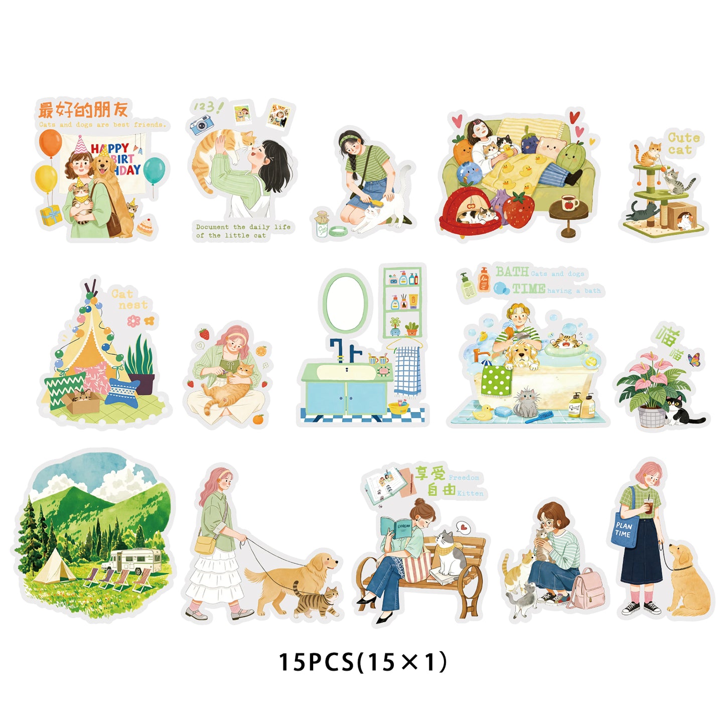 Etori Life 15PCs Outdoor Walking Pet Sofa Suction MiiOW Object Sticker Album Journal Book Stationery Decoration Accessories Suitable for Laptop, Mobile Phone Back, Handbag, Album, Diary, Pencil Box, Pen Holder, Family Plan Thin, Notepad