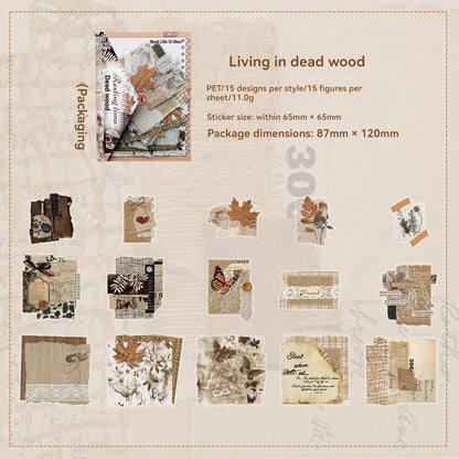 Etori Life Fragment Ensemble Series 15PCs Retro Literary Collage Pet Stickers Old Newspaper Lace Plant Dead Wood Gas Mark Fabric Journal Decoration Material Used for Laptop, Mobile Phone Stickers, Office Decoration Accessories, Handmade Scrapbooking