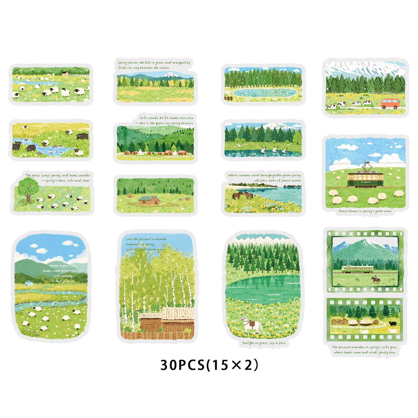 Etori Life 30PCs Fresh Grassland Scenery Hand Ledger Sticker Pastoral Pasture Decorative Stickers Suitable for Laptop, Luggage, Water Bottle, Guitar, Office Decoration Accessories, Handmade Scrapbooking Supplies, DIY Making, Envelope and Paper Gift Bag