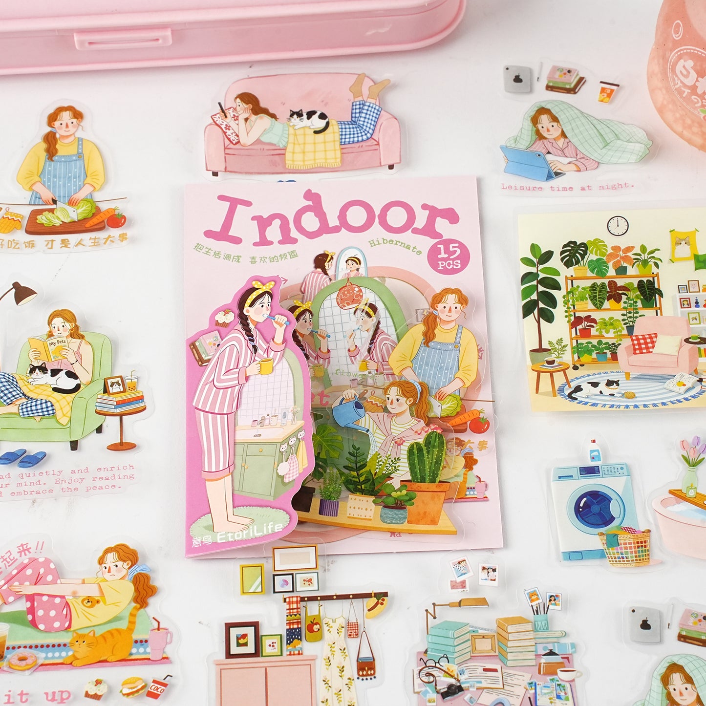 Etori Life 15PCs Living Alone Girls Home Daily Pet Paster Stay at Home Cooking Cat Petting Notebook Goo Card Collage Material Laptop, Handbag, Diary, Pencil Box, Pen Holder, Family Plan Book, Notepad, Postcard and Envelope, Helmet, Bicycle