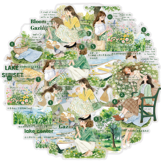 Etori Life 15PCs Mori Style Spring Outing Girl Hand Ledger Sticker Fresh Character Decorative Sticker Suitable for DIY Diary, Laptop, Skateboard, Guitar, Bicycle, Office Decoration Accessories, Room Decoration, Envelope and Paper Gift Bag, Label Sealing