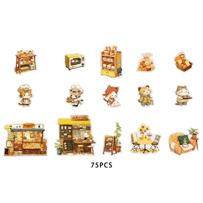 Etori Life 15PCs Warm Series Aesthetic Match Cute Baking Kitten Pattern Small House Stickers for Laptop, Luggage, Photo Album, Guitar, Bicycle, Office Decoration Accessories, Handmade Scrapbooking Supplies, DIY Making, Envelope and Paper Gift Bag