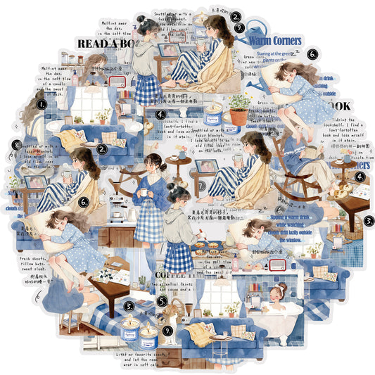 Etori Life Healing Department Home Life Hand Ledger Sticker 15PCs Blue Color Girl's Casual Decorative Sticker Suitable for DIY Diary, Laptop, Luggage, Skateboard, Guitar, Photo Album, Handmade Scrapbooking Supplies, Office Decoration Accessories