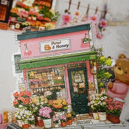 Etori Life 15PCs Cute Bear Matching Flower Small Shop City Building Pattern Pet Stickers Suitable for Laptop, Guitar, Diary, Helmet, Bicycle, Handmade Scrapbooking Supplies, Birthday and Holiday Gift, DIY Making, Office Decoration Accessories