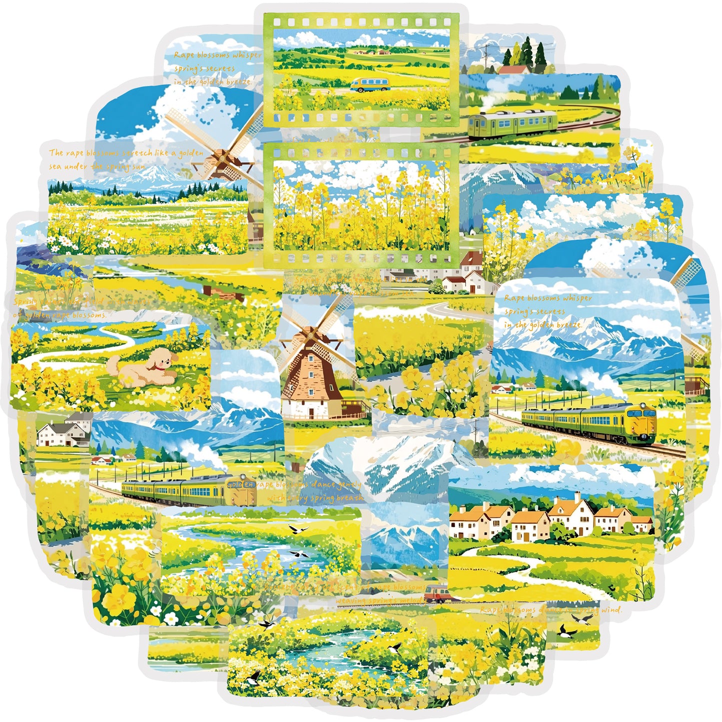 Etori Life 30PCs Spring Rape Flower Pastoral Stickers Landscape Notebook Collage Landscaping Material Suitable for DIY Production, Laptop, Skateboard, Luggage, Guitar, Photo Album, Handmade Scrapbooking Supplies, Room Decoration, Birthday and Holiday